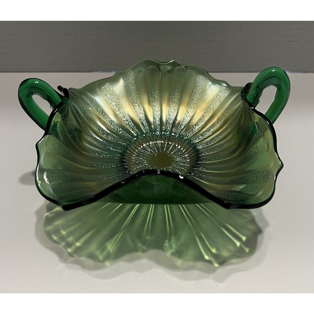 Early Fenton Antique Green Stippled Ray Carnival Glass Candy Dish Bowl Basket